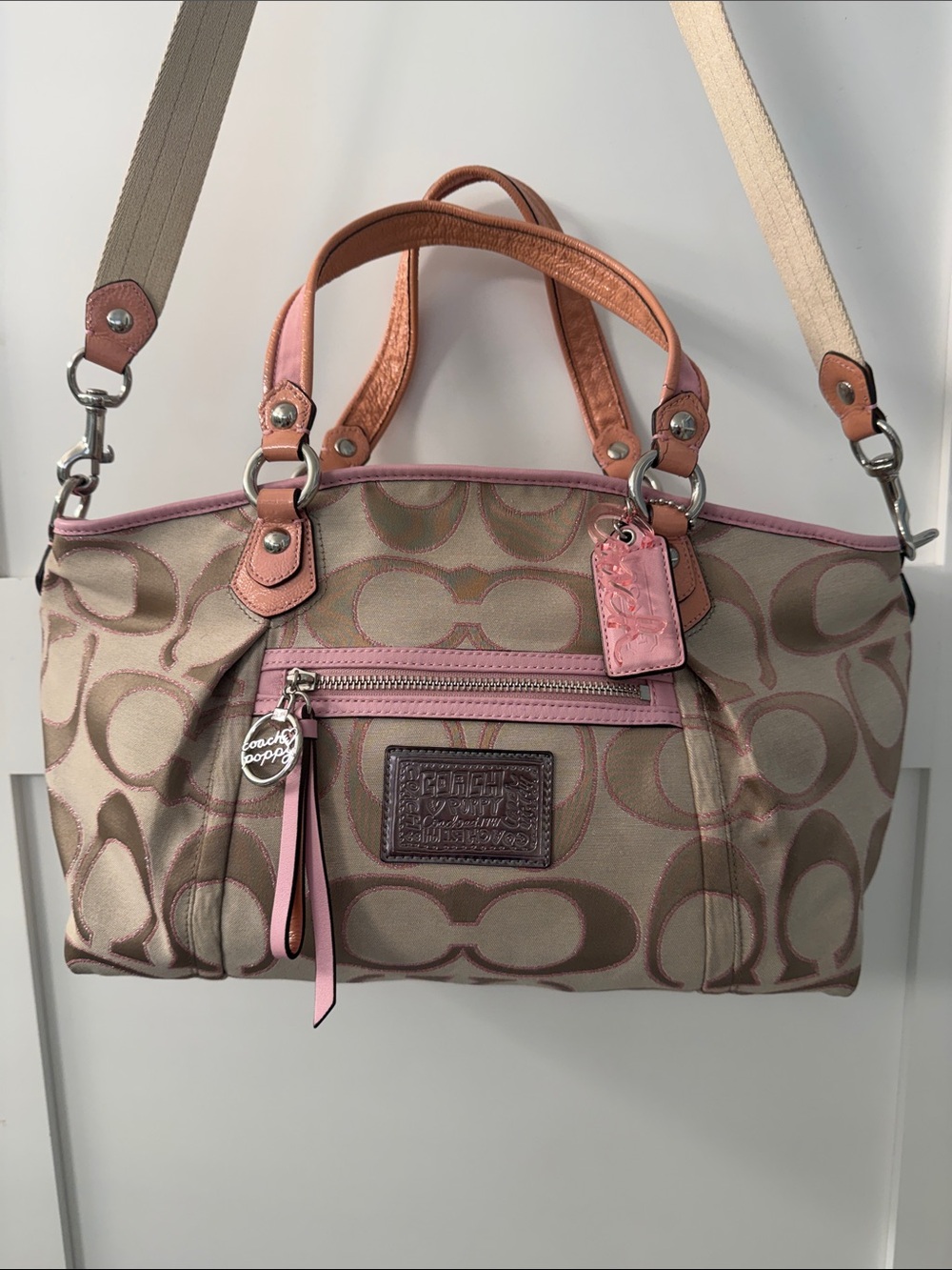 Coach Signature Canvas Shoulder Bag with Pink Trim